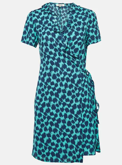 Diane Von Furstenberg Teal Blue Leopard Print Crepe Wrap Dress S
