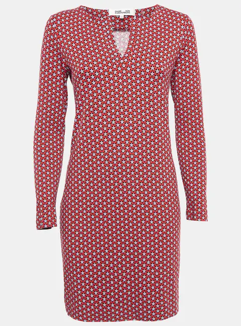 Diane Von Furstenberg Red Printed Knit Full Sleeves Mini Dress S