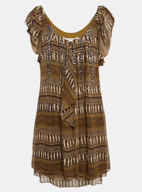Diane Von Furstenberg Brown Printed Silk Neck Detail Mini Dress L