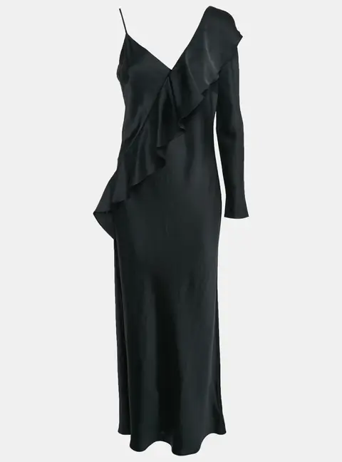 Diane Von Furstenberg Black Satin Ruffled One-Shoulder Long Dress M