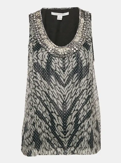 Diane Von Furstenberg Metallic Printed Silk Lurex Stud Detail Sleeveless Ade Top M