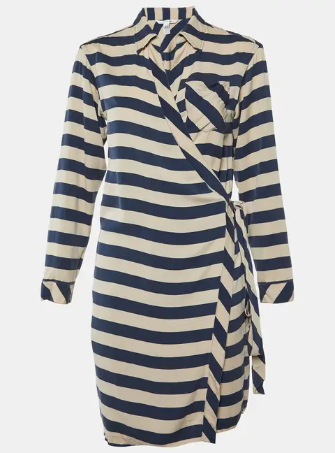 Diane Von Furstenberg Navy Blue Striped Stretch Silk Wrap Dress M