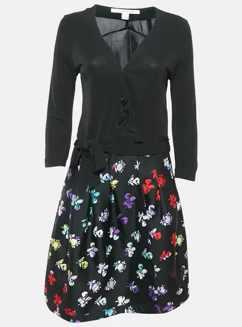 Diane Von Furstenberg Black Floral Print Wool Blend and Jersey Jewel Wrap Dress M
