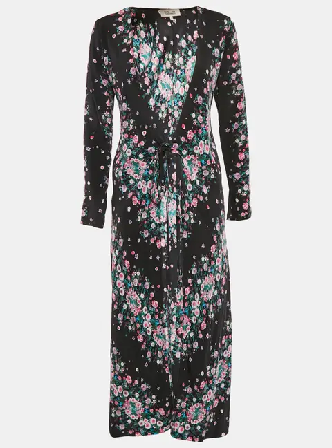 Diane Von Furstenberg Black Floral Crepe Maxi Wrap Dress S