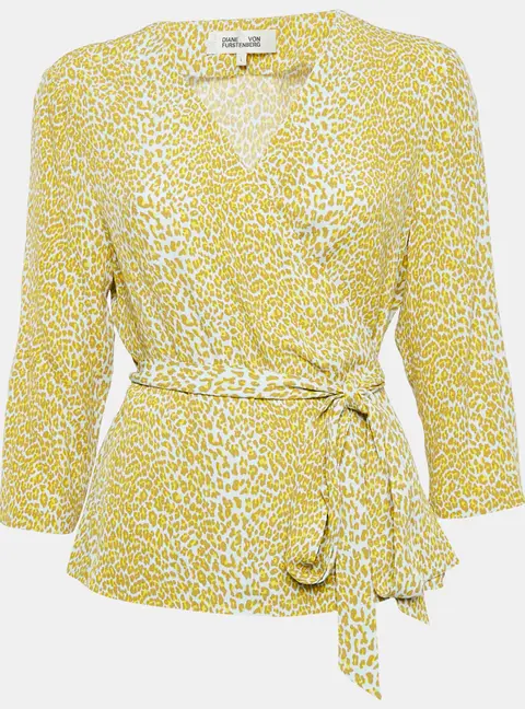 Diane Von Furstenberg Yellow Leopard Print Silk Wrap Top L