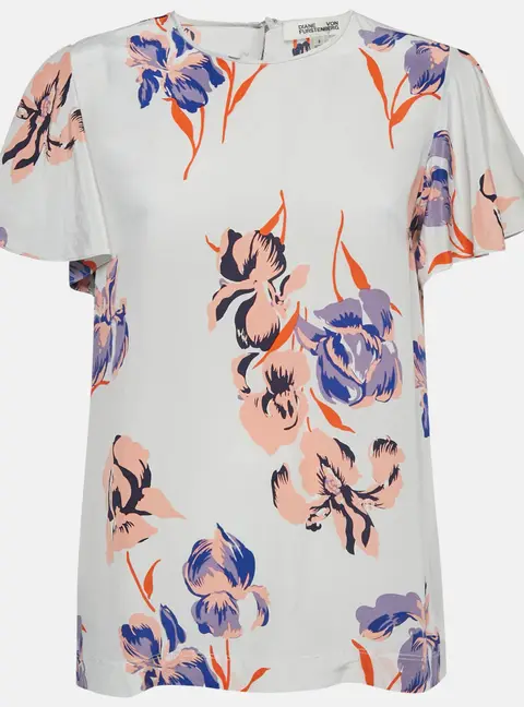 Diane Von Furstenberg White Floral Print Flutter Sleeve Top L
