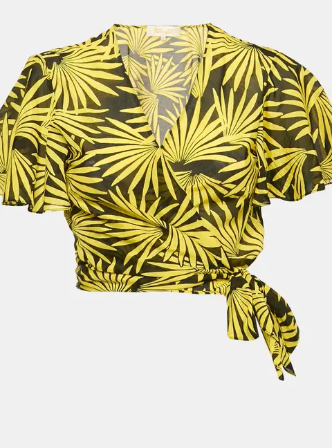 Diane Von Furstenberg Yellow Printed Cotton & Silk Wrap Top S