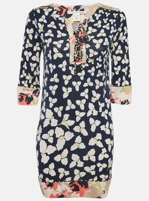 Diane Von Furstenberg Navy Blue Floral Print Silk jersey Trella Mini Dress S