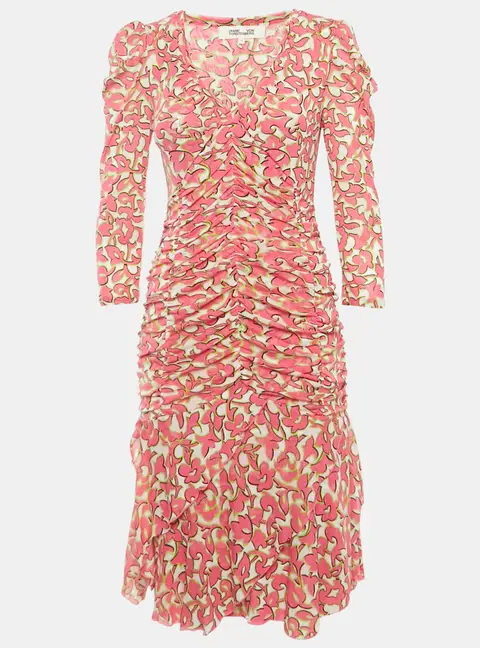 Diane Von Furstenberg Pink Printed Mesh Ruched Dress M