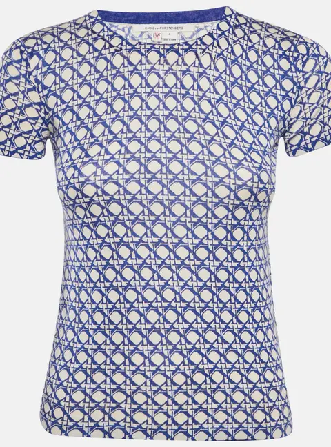 Diane Von Furstenberg Blue Printed Silk Blend Knit Top XS