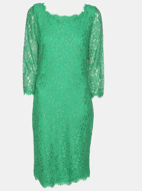 Diane Von Furstenberg Green Lace Full Sleeves Midi Dress L