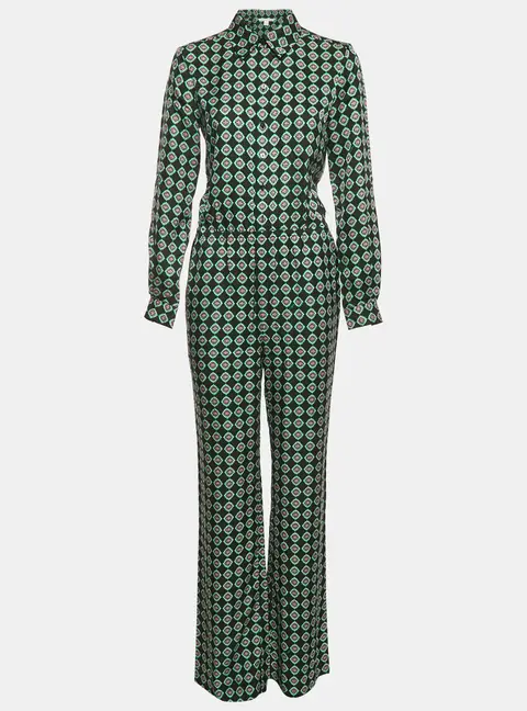 Diane Von Furstenberg Black Printed Silk Flared Jumpsuit S