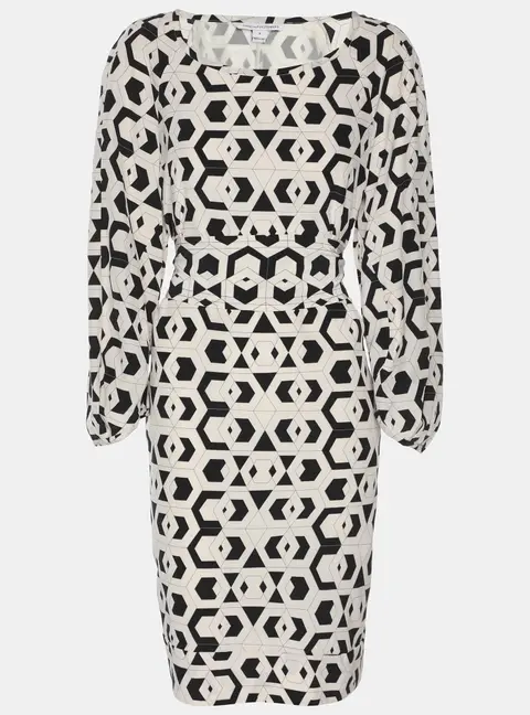 Diane Von Furstenberg Cream/Black Printed Silk Belted Dress S
