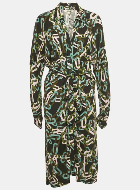 Diane Von Furstenberg Black Carrie Chain Print Jersey Button Front Belted Dress M