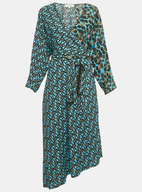 Diane Von Furstenberg Blue Printed Crepe Wrap Effect Eloise Midi Dress L