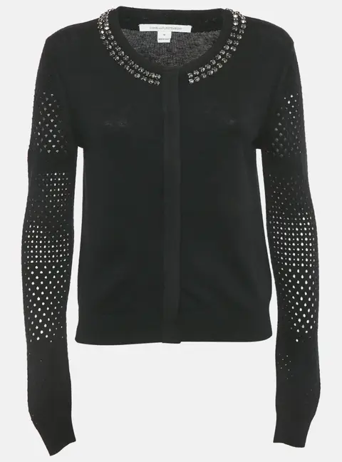 Diane Von Furstenberg Black Wool Blend Stud Detail Cardigan M