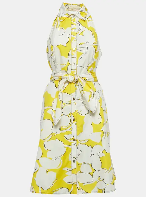 Diane Von Furstenberg Yellow /White Printed Cotton Halter Neck Short Dress M