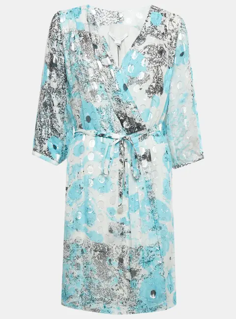 Diane Von Furstenberg Blue /Sliver Printed Met Dot Silk Short Wrap Dress L