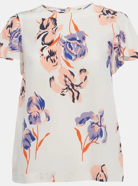 Diane Von Furstenberg White Floral Print Silk Flutter Sleeve Top XS