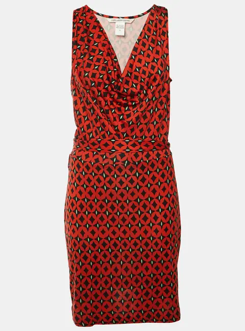 Diane Von Furstenberg Brick Red Printed Silk Keesa Sleeveless Dress L