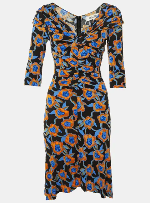Diane Von Furstenberg Black Oracle Rose Print Jersey Jim Midi Dress XS