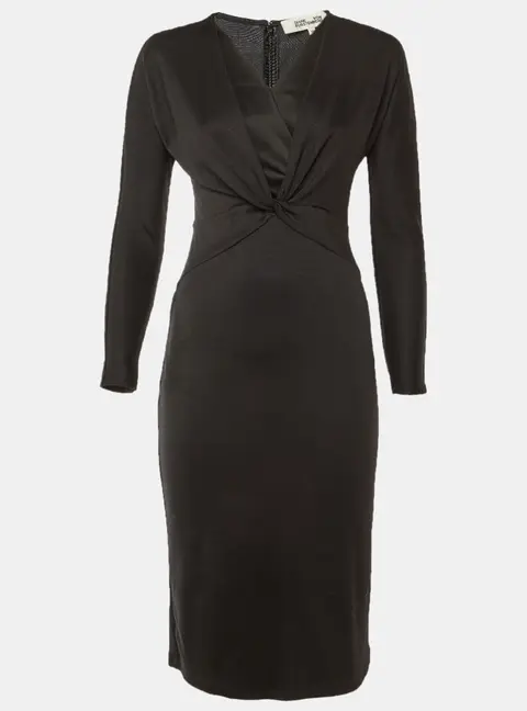 Diane Von Furstenberg Black Wool Blend Knot Detail Midi Dress XS