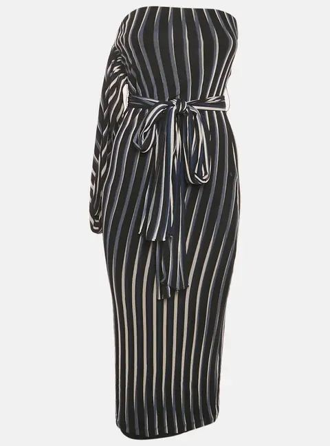Diane Von Furstenberg Black Nylon Striped Structured Sash Dress S