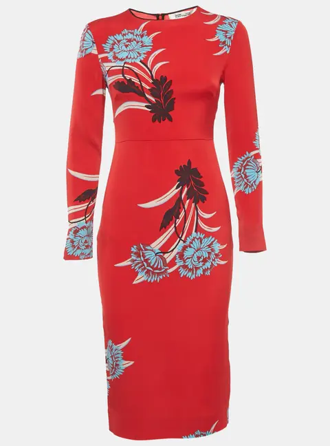 Diane Von Furstenberg Red Floral Print Crepe Midi Dress XS