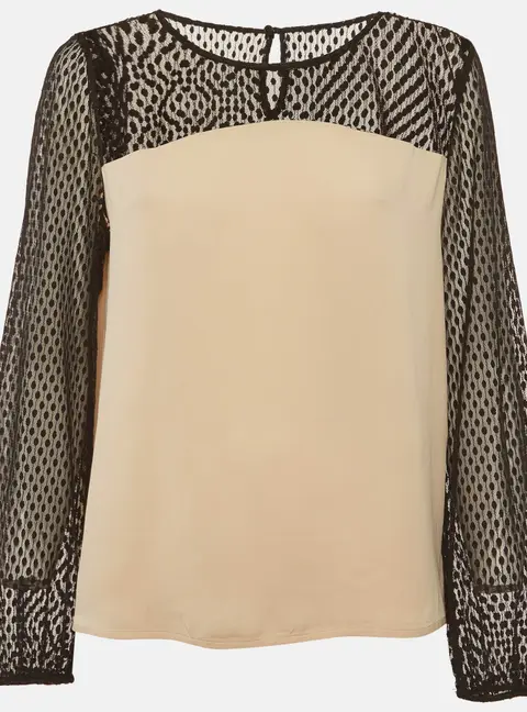 Diane Von Furstenberg Beige/ Black Silk Sheer Long Sleeve Blouse L