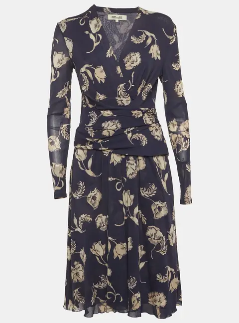 Diane Von Furstenberg Navy Blue Floral Print Jersey Wrap Midi Dress M