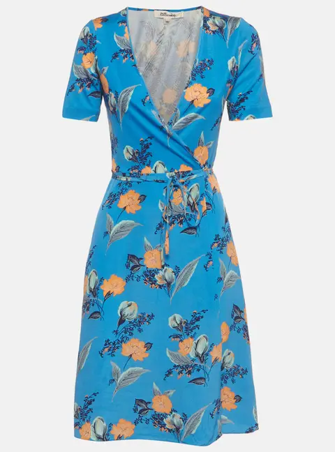 Diane Von Furstenberg Blue Floral Print Silk Wrap Dress S