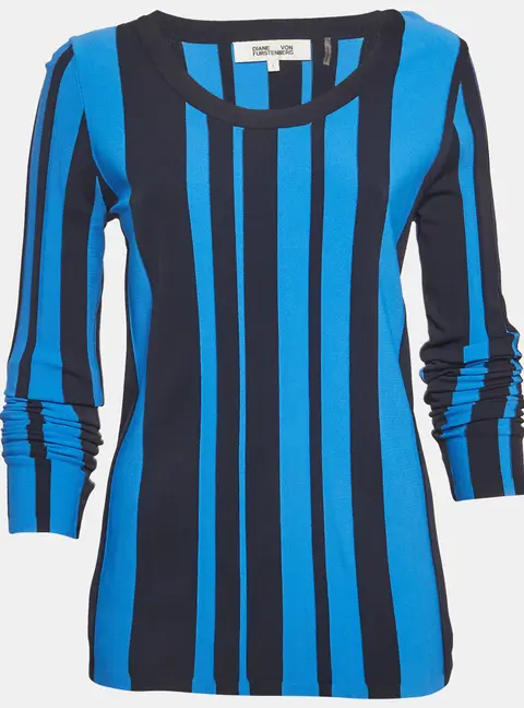 Diane von Furstenberg Blue Striped Knit Long Sleeve Top L