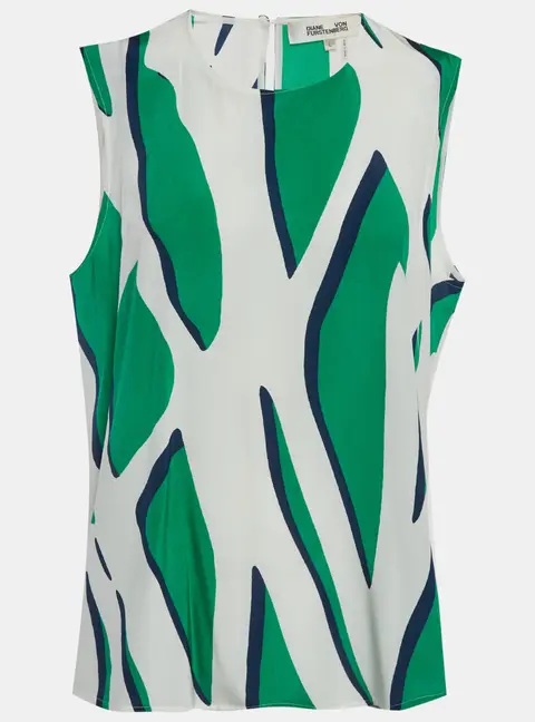 Diane Von Furstenberg Green/White Printed Silk Top L