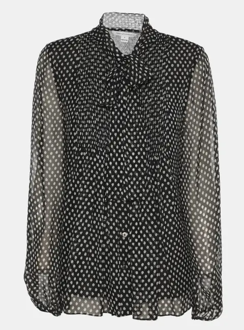 Diane Von Furstenberg Black/White Spot Print Chiffon Neck Tie Top M