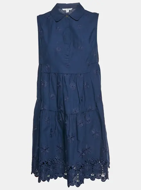Diane Von Furstenberg Navy Blue Cotton Embroidered Eyelet Shirt Dress L