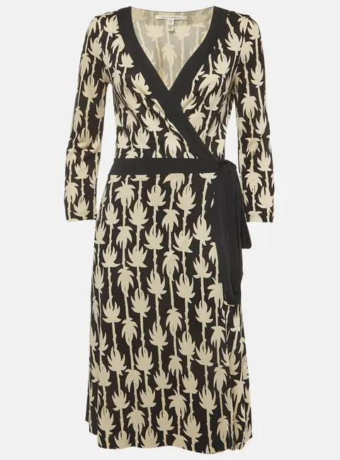 Diane Von Furstenberg Beige/Black Palm Print Silk Knit Wrap Midi Dress L