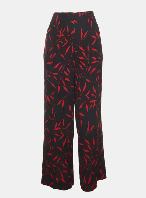 Diane Von Furstenberg Black Leaf Print Wide Leg Pants S