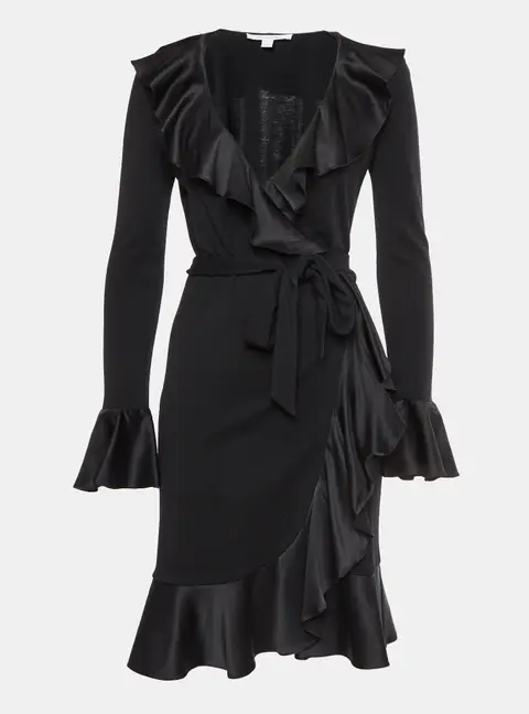 Diane Von Furstenberg Black Jersey and Satin Wrap Midi Dress S