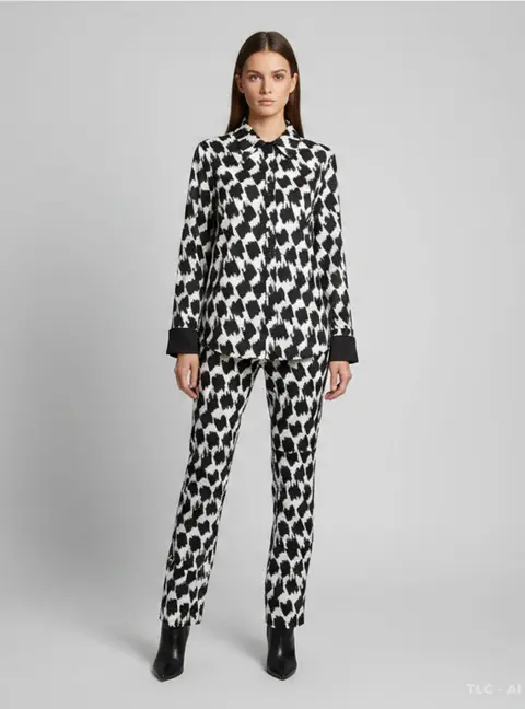 Diane Von Furstenberg Black/White Brush Tooth Print Jersey Shirt and Pants Set L/M