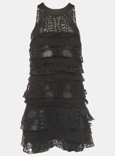Diane von Furstenberg Black Lace Tiered Mini Dress S