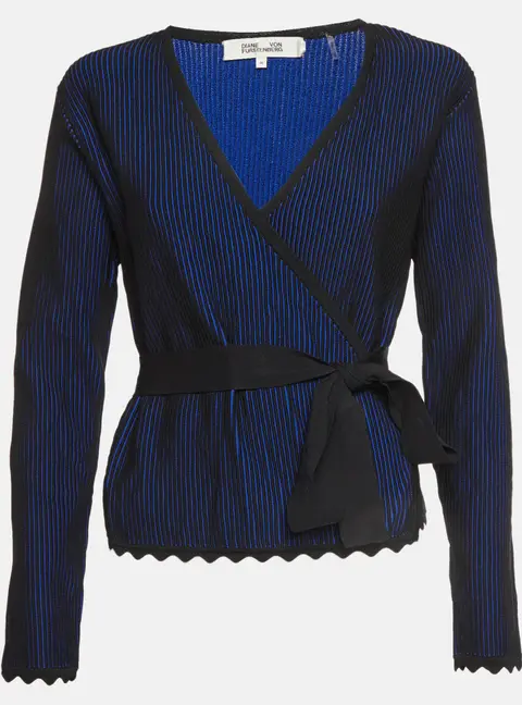 Diane Von Furstenberg Blue/Black Striped Textured Knit Wrap Top M