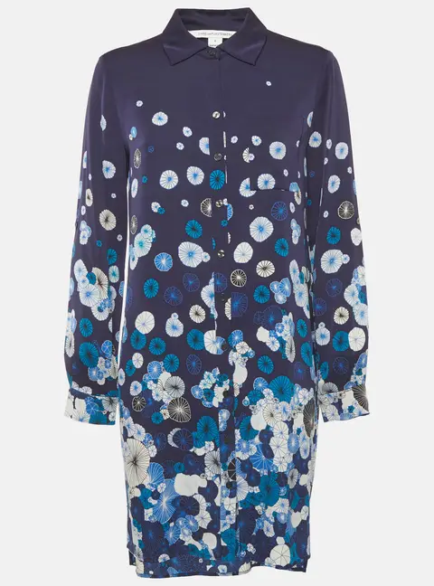 Diane Von Furstenberg Blue Floral Print Silk Mini Shirt Dress M