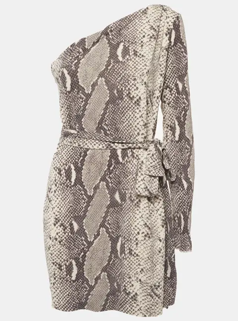 Diane Von Furstenberg Grey Printed Silk One Shoulder Wrap Around Dress L