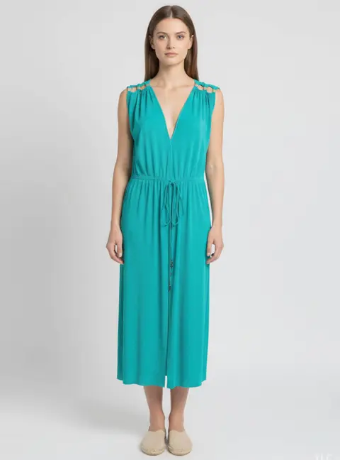 Diane Von Furstenberg Teal Plissé Sleeveless Wrap Maxi Dress L