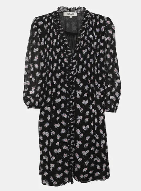 Diane Von Furstenberg Black Multicolor Floral Print Long Sleeve Shirt Dress XS