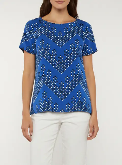 Diane Von Furstenberg Navy Blue Printed Stretch Silk Short Sleeve Top S