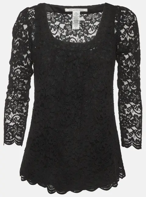 Diane Von Furstenberg Black Lace Long Sleeve Hasina Blouse M