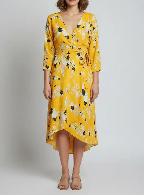 Diane Von Furstenberg Yellow Floral Print Crepe Wrap Around Dress S