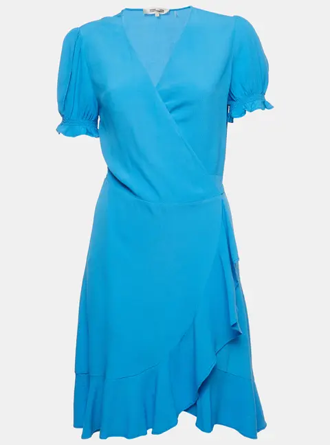 Diane von Furstenberg Blue Crepe Ruffled Wrap Dress M