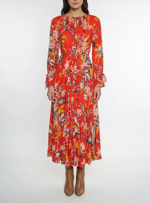 Diane von Furstenberg Red Printed Crepe Long Sleeve Maxi Dress XS